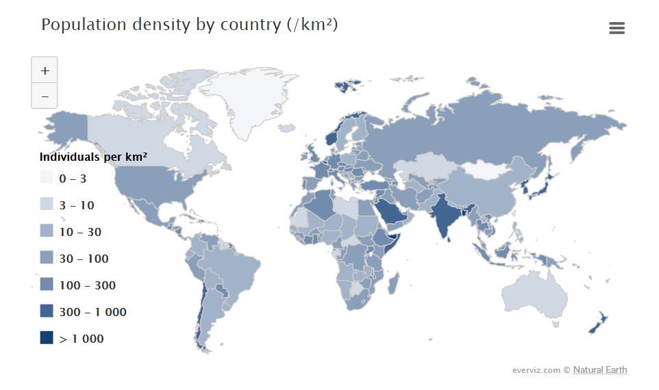 Population density by country km² – Category map