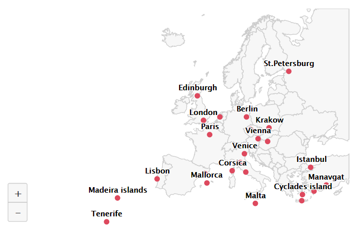 Top 25 Destinations in Europe – Point map