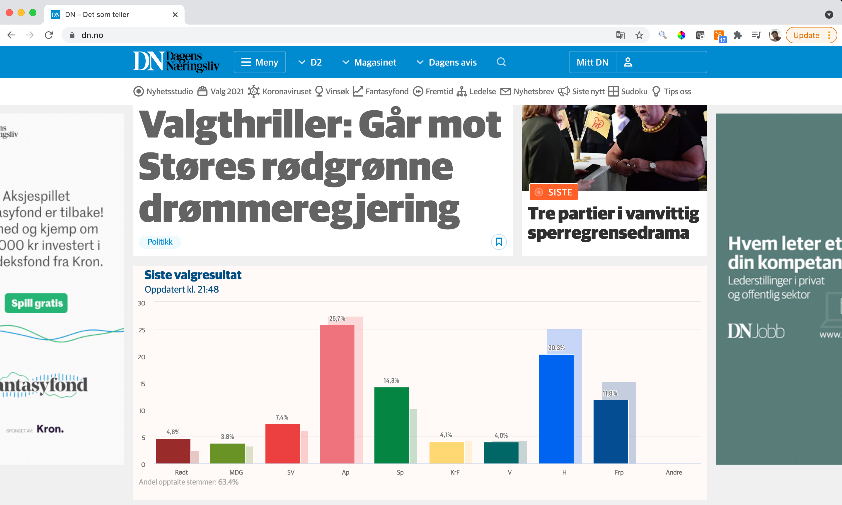 Screenshot of Front page of dn.no during the election