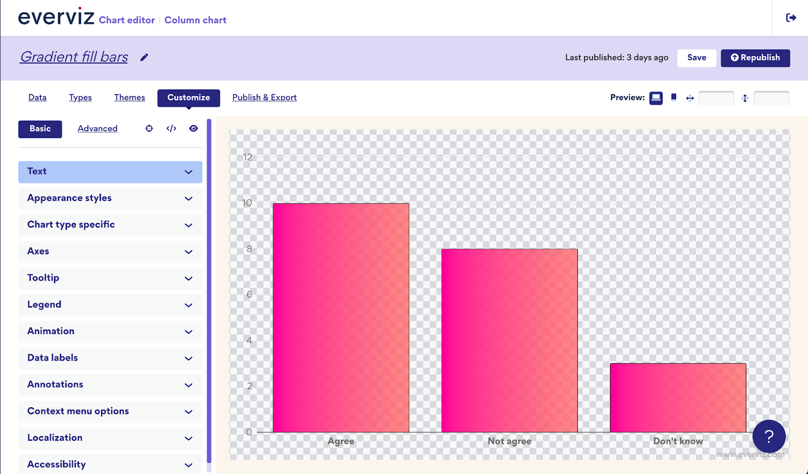 Screenshot from everviz. Customize section