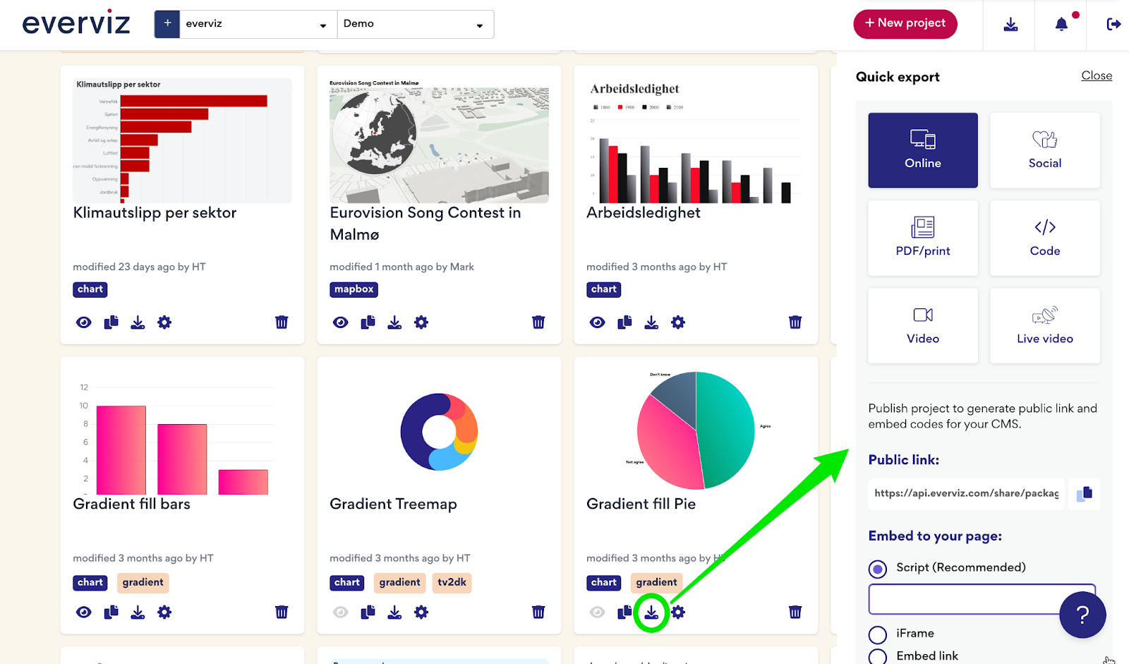 Screenshot of quick export