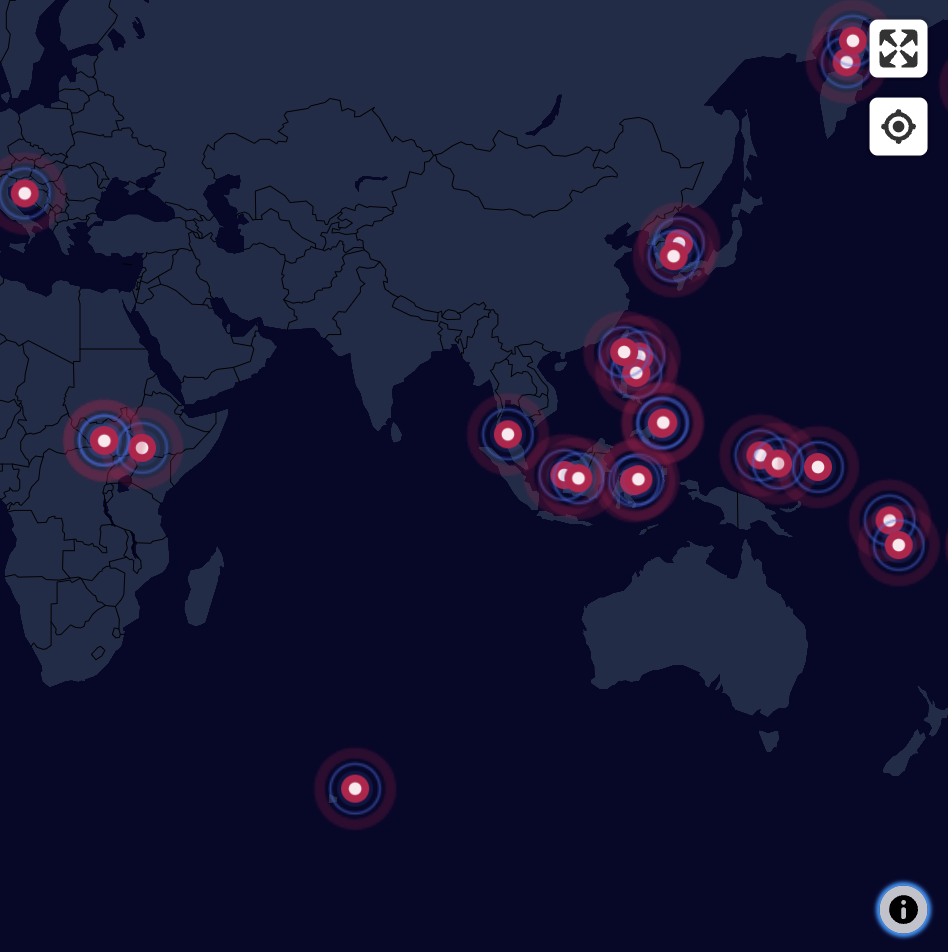 dark mode map with pulsating icons
